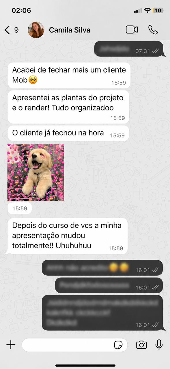 Print de conversa no WhatsApp: Camila conta que fechou um cliente na hora ao apresentar plantas e render do projeto organizados.
